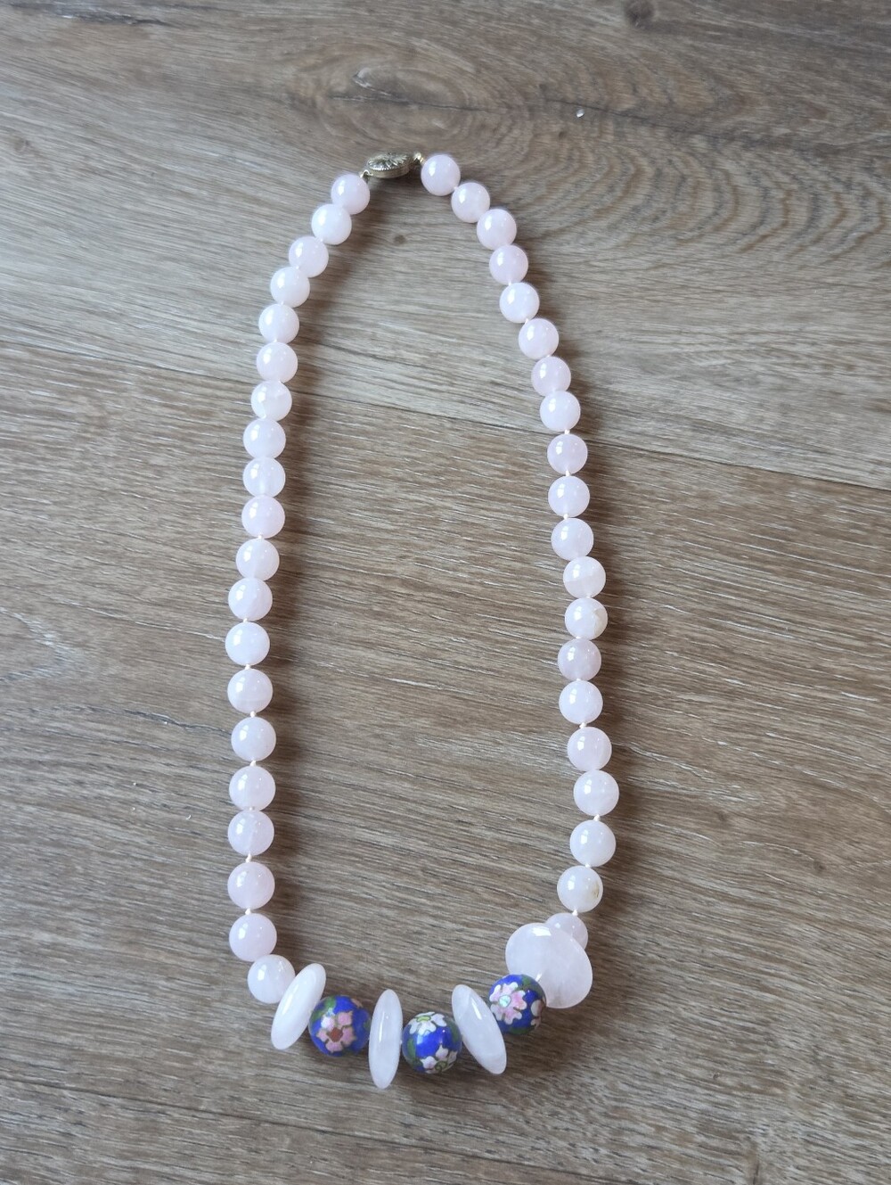 Vintage Rose Quartz Stone Blue Floral Cloisonne Bead Necklace, Sterling Clasp